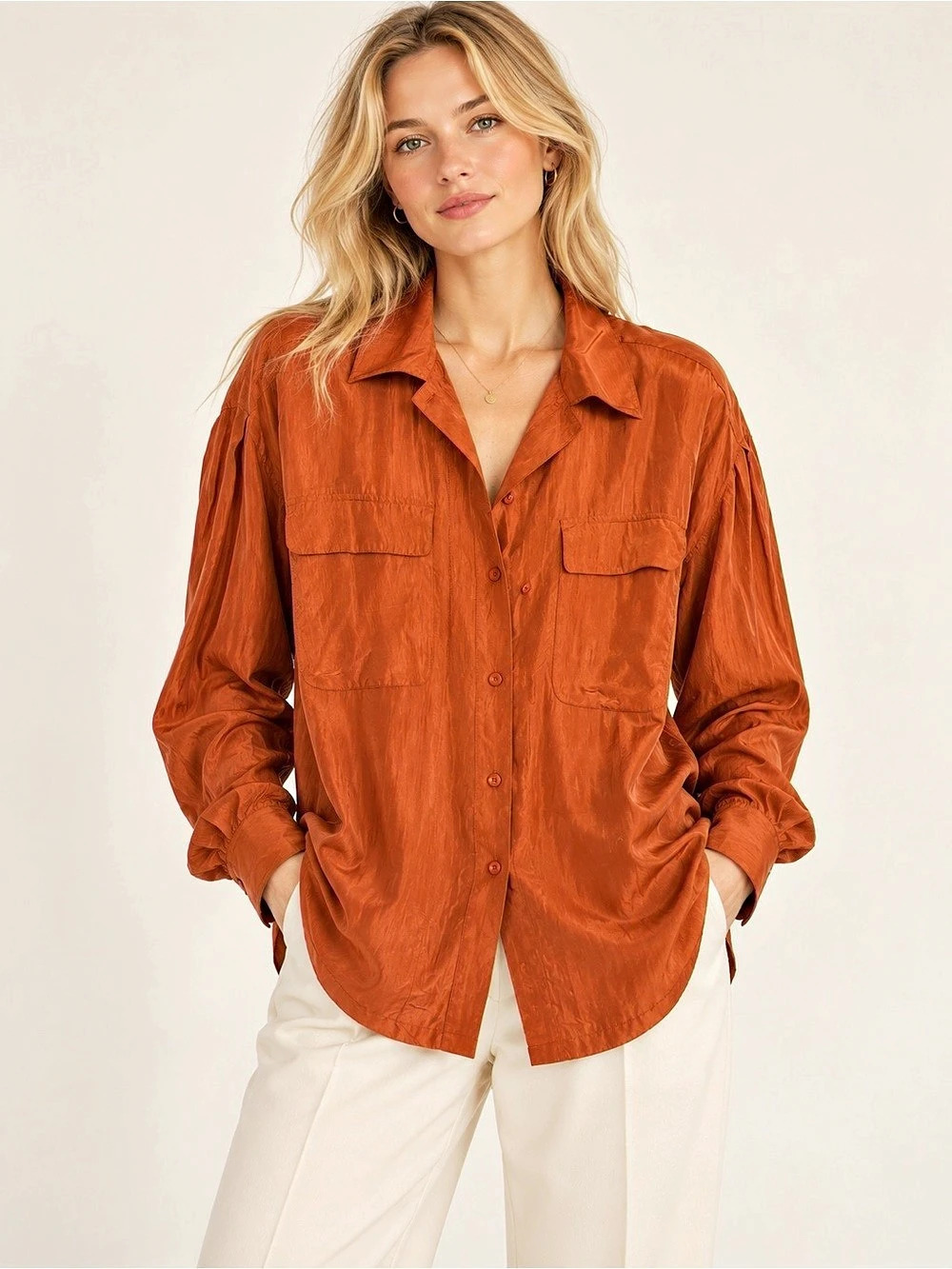 Vintage Rafaella 100% Silk Rust Button Down Shirt Size L